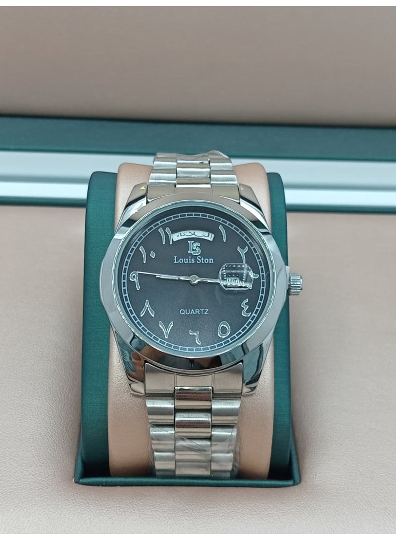 Men's wristwatch with Arabic numerals, Rolex style, water resistant, modern and high quality, silver strap with black dial